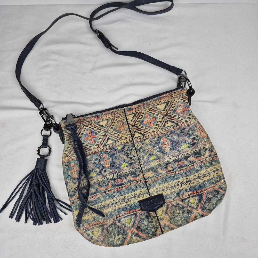 Aimee Kestenberg Coated Tapestry Digital Pattern Leather Dk Blue Trim Crossbody